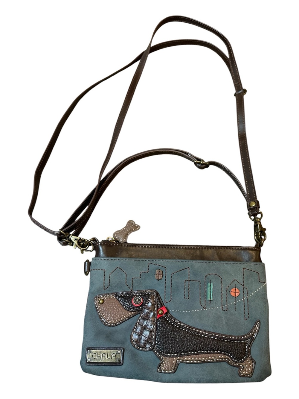 Chala Teal Dachshund Applique Crossbody with Brown Trim